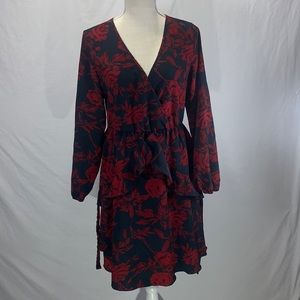 Uguest V-neck Ruffled Black and Red Floral Mini Dress Size Medium NWT